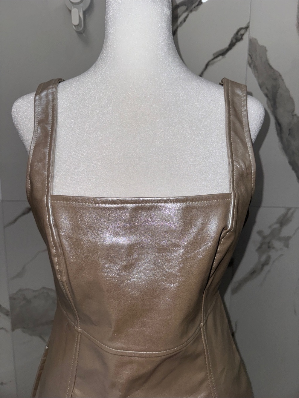 NWT Nasty Gal Metallic Taupe Faux Leather Square-Neck Mini Dress - Picture 4 of 11